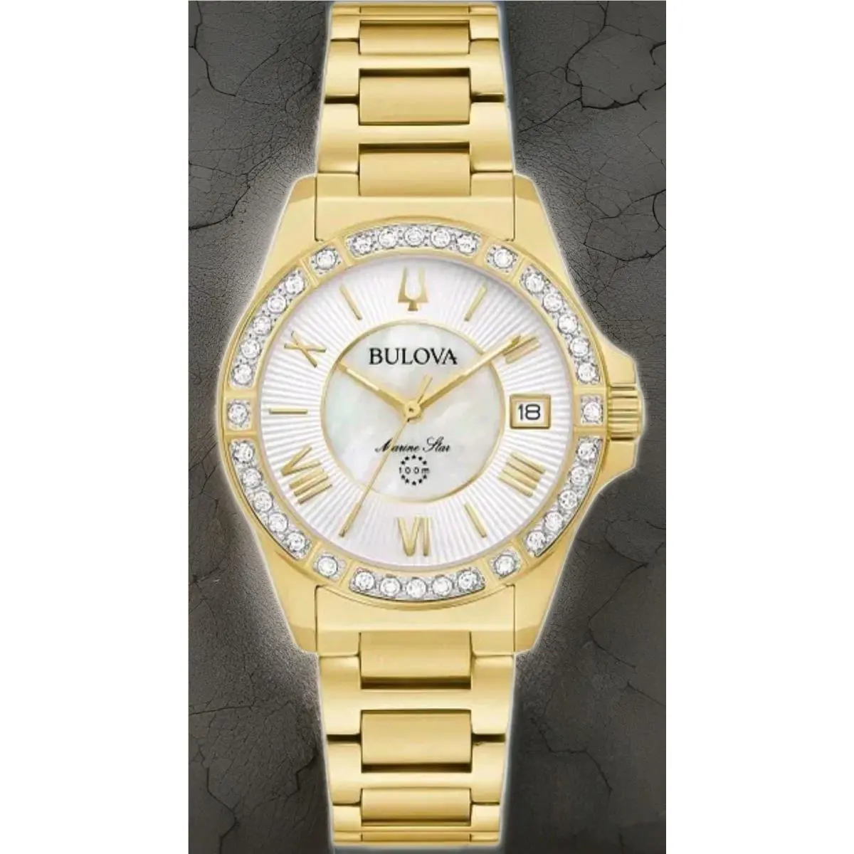 Bulova Marine Star Women`s Quartz Gold-tone Diamond Accent 32MM Watch 98R294 - Dial: Gold, Band: Gold, Bezel: Gold