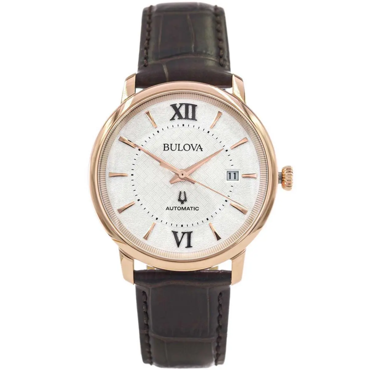 Bulova Hudson Automatic Sapphire Crystal Rose Gold Tone Men`s Watch 97B225 - Dial: Silver, Band: Brown, Bezel: Rose Gold