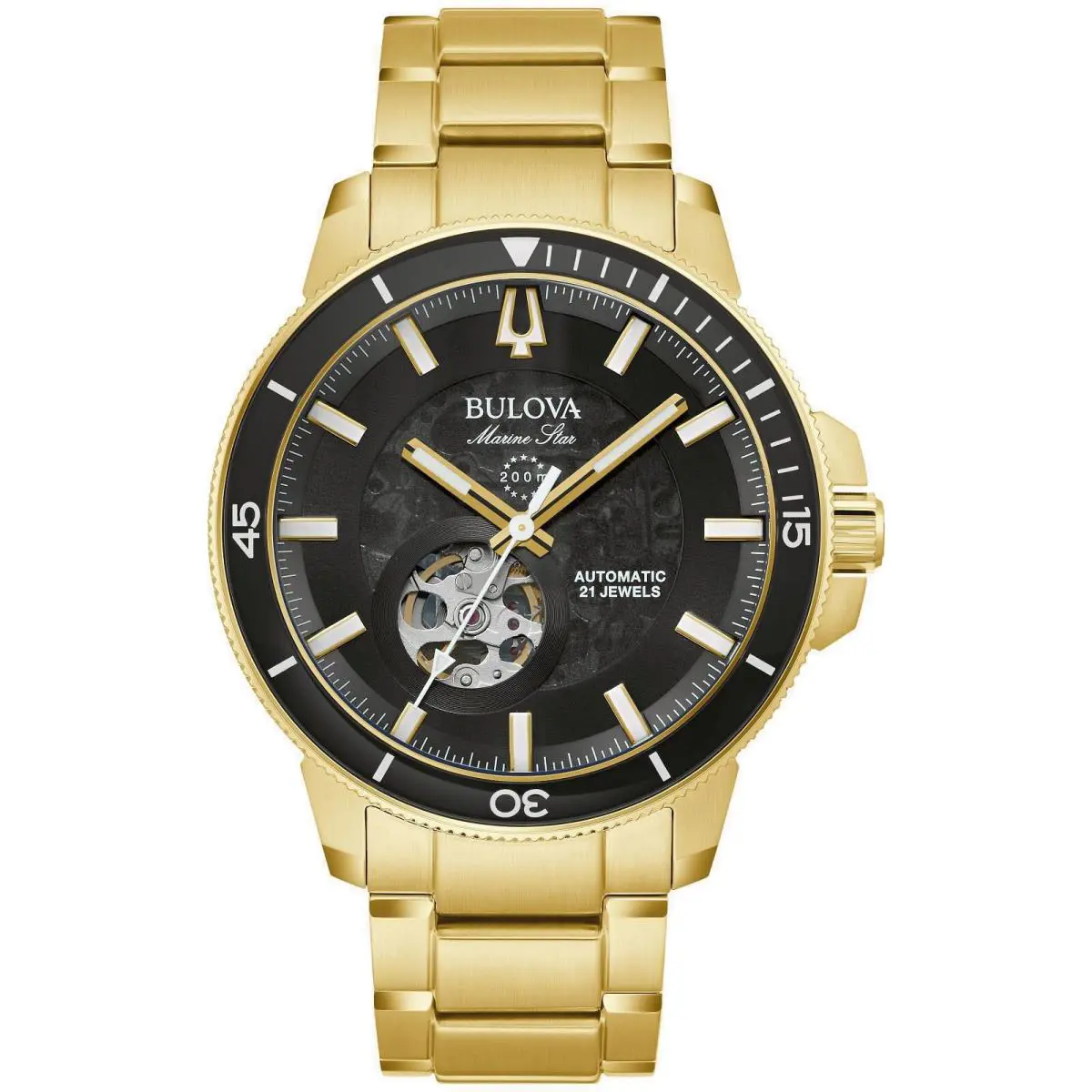 97A174 Men`s Marine Star Gold Tone Open Heart Black Dial Automatic Watch by Bulova