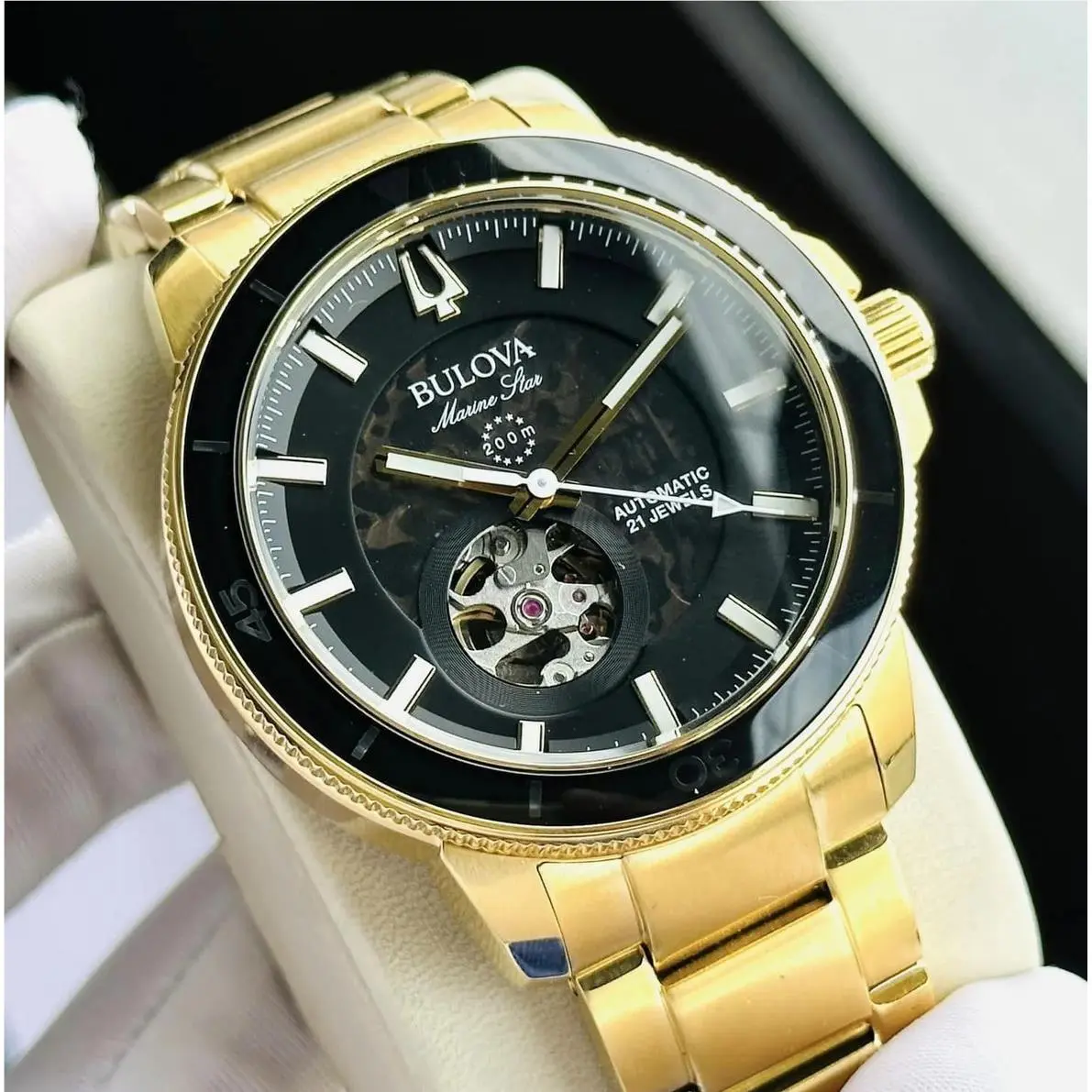 Bulova Gold Tone Men`s Marine Star Automatic Black Dial Watch 97A174 - Dial: Black, Band: Gold, Bezel: Black