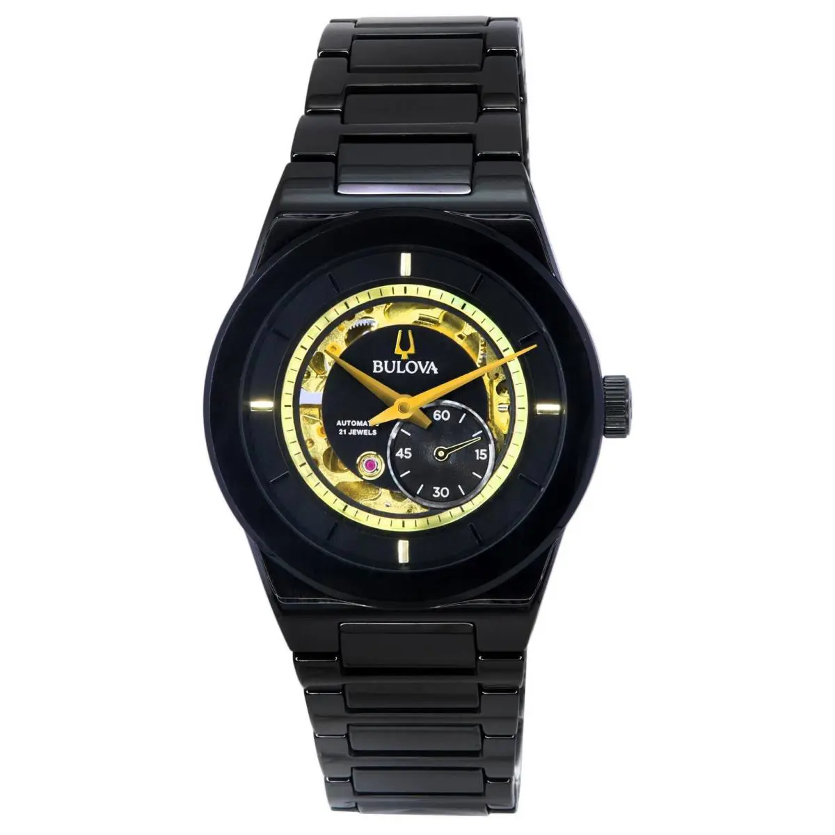 Bulova Modern Millennia Semi Skeleton Black Dial Automatic 98A291 Men`s Watch - Dial: Black, Band: Black, Bezel: Black