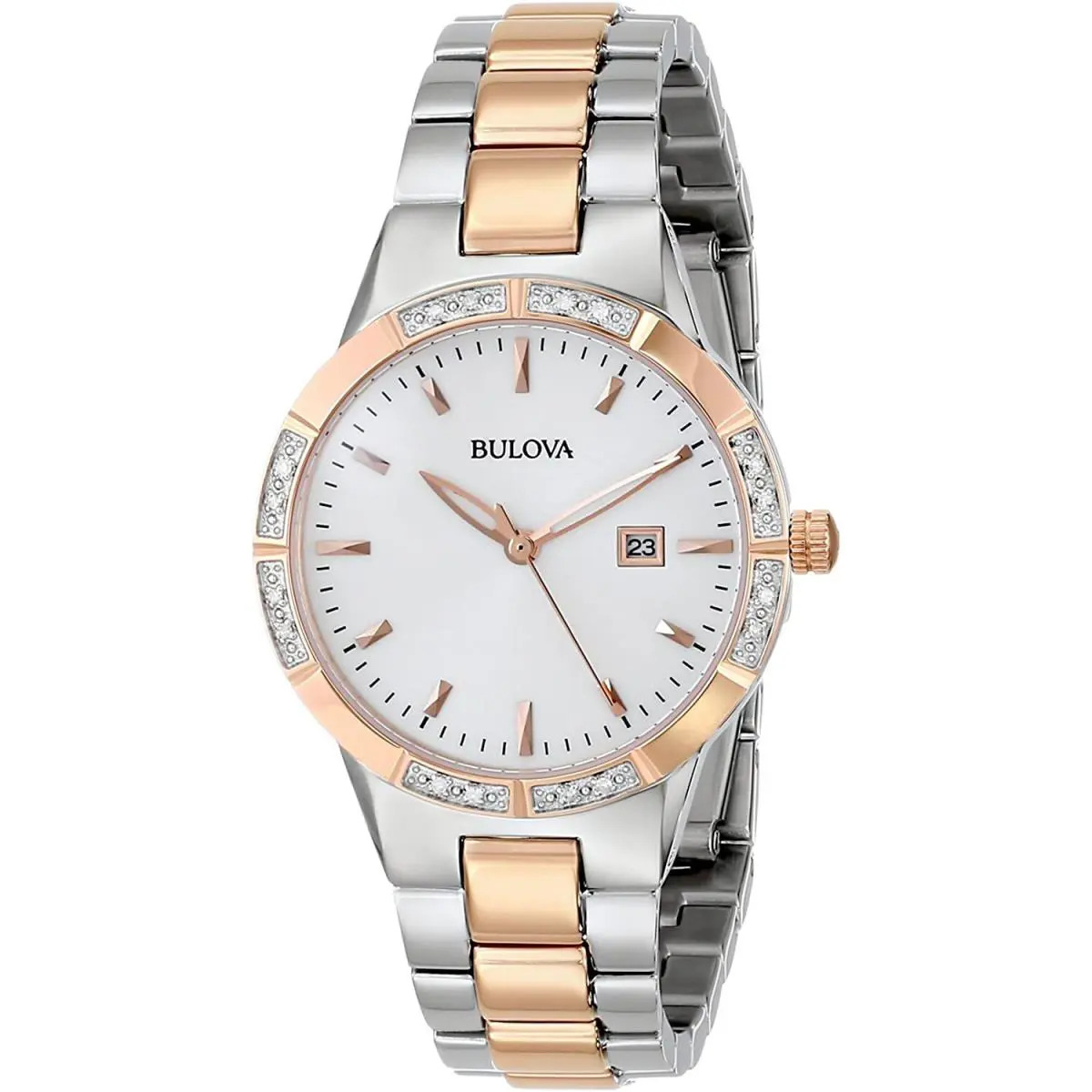 Bulova 98R169 Rose Gold Silver Tone Steel Date 16 Diamonds Ladies Watch - Dial: Silver, Band: Rose Gold and Silver Tone, Bezel: Rose Gold