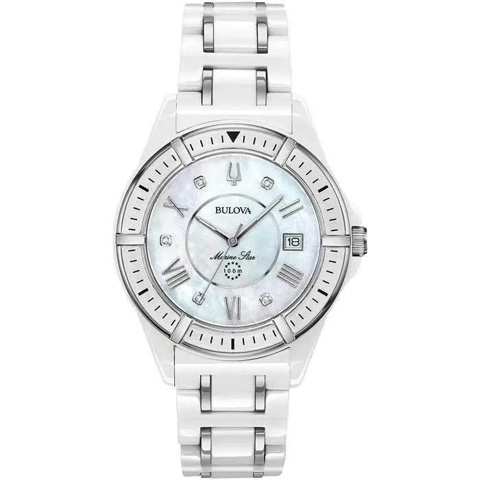 Bulova Ladies Marine Star Mother OF Pearl Dial White Ceramic Watch 98P172