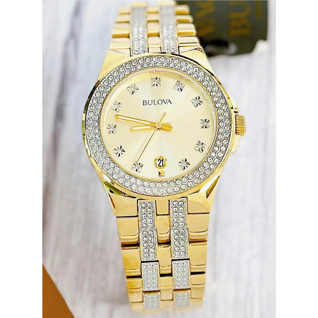 Bulova Phantom Men`s Crystal Gold Tone Date Display Watch 98B174 - Dial: Gold, Band: Gold, Bezel: Gold