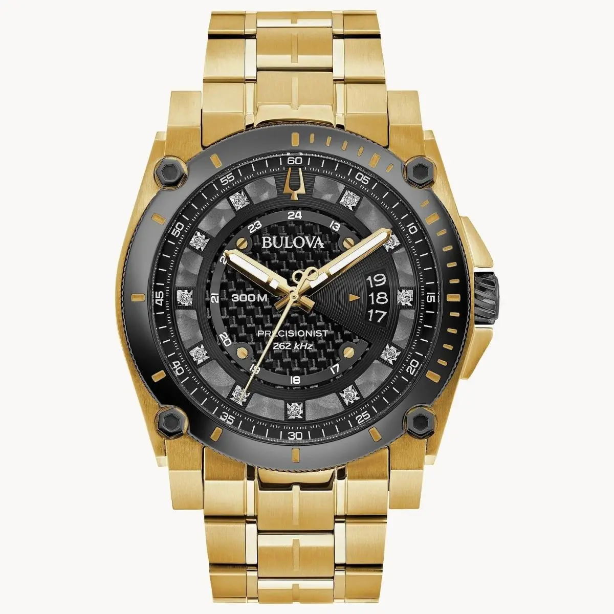Bulova Men`s Precisionist Diamond Accents Quartz Gold Tone 46MM Watch 98D156 - Dial: Black, Band: Gold