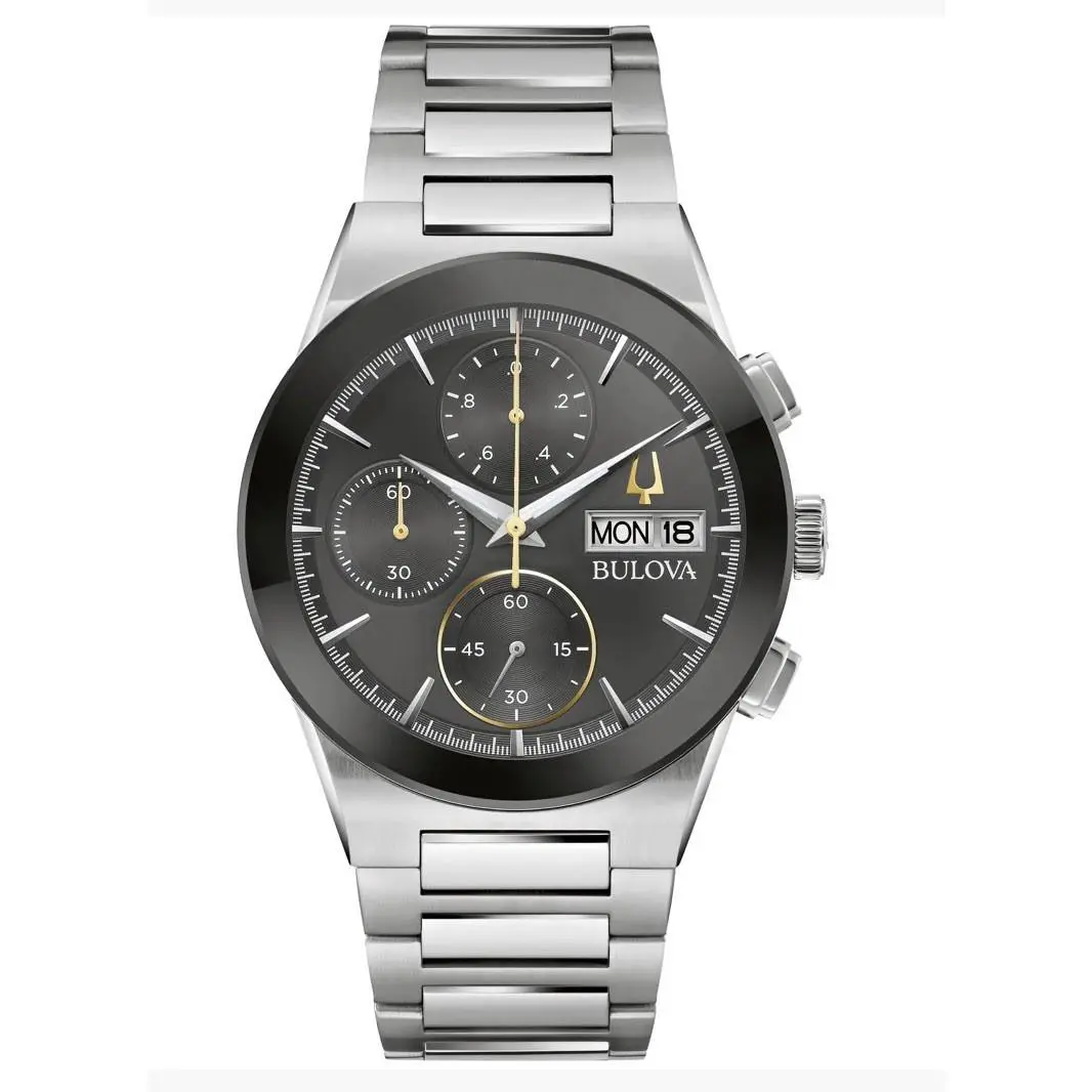 Men`s Watch Milennia Quartz Chronograph Black Dial Silver Bracelet 96C149 by Bulova