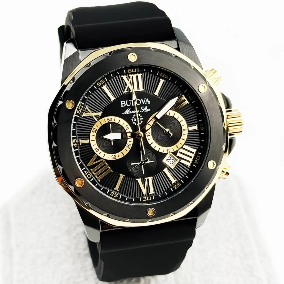 Bulova Marine Star Six Hand Quartz Chronograph Sports Men`s Watch 44 mm 98B278 - Dial: Black, Gold, Band: Black, Bezel: Black, Gold