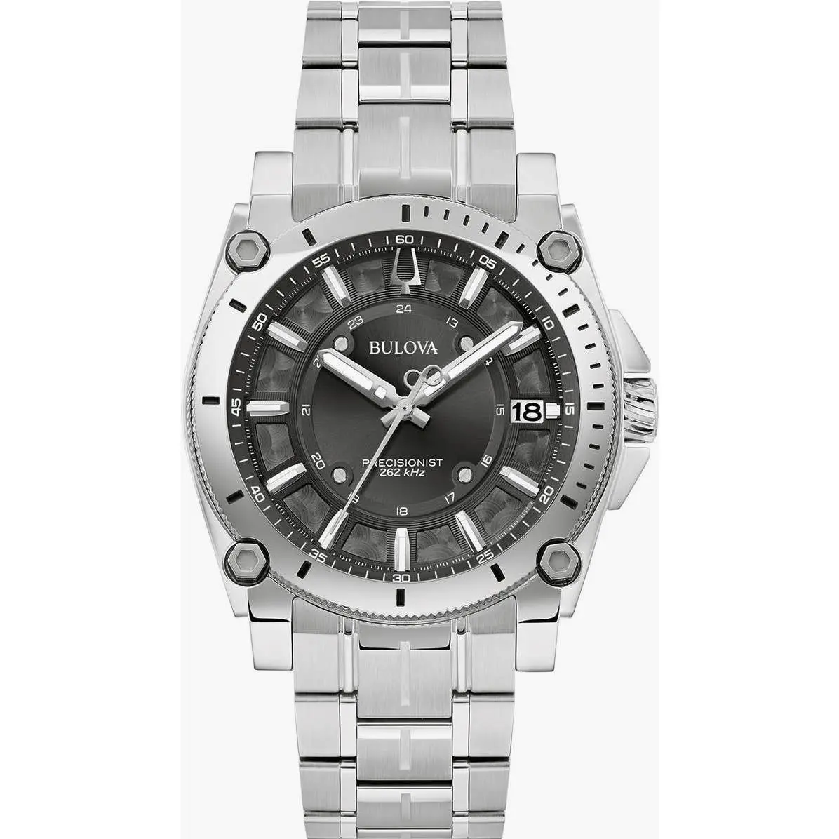 Bulova Precisionist Icon 40mm Steel Mens Watch Grey Date Sapphire 100m WR 96B417 - Dial: Black, Band: Silver, Bezel: Silver