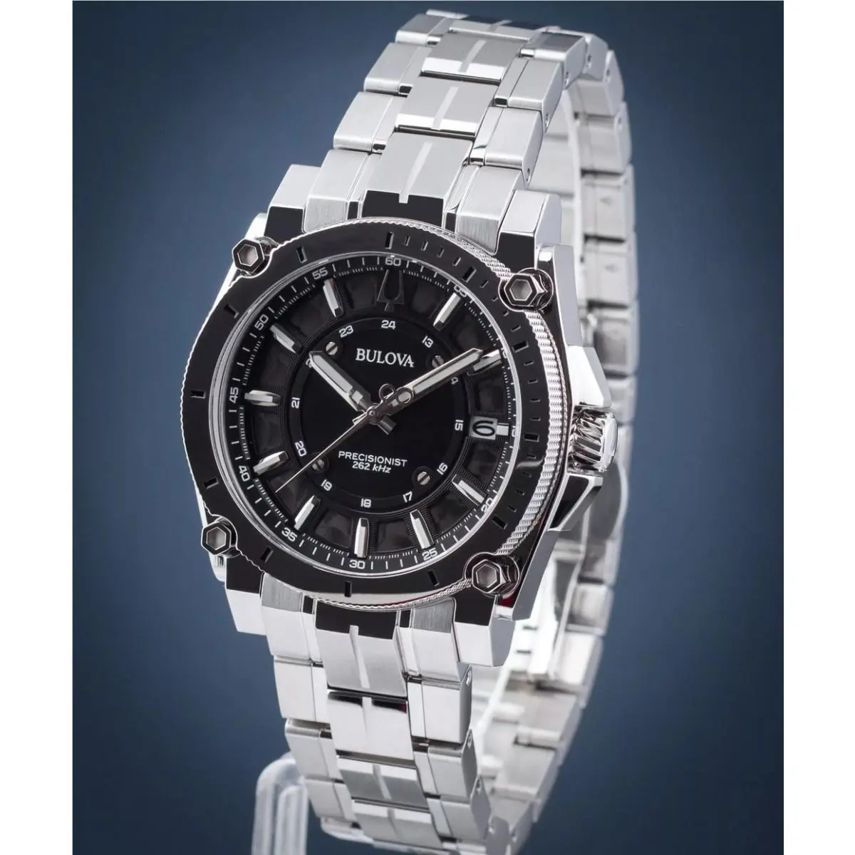 Bulova Precisionist Sapphire Crystal Black Dial Date Display Men`s Watch 96B417 - Dial: Black, Band: Silver, Bezel: Silver