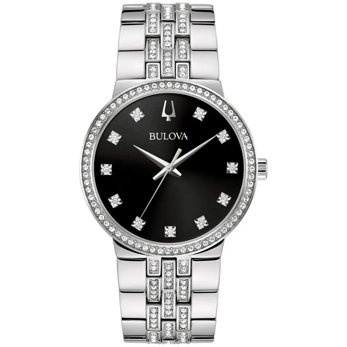 Bulova Crystal Men`s Watch Stainless Steel Black Dial Quartz Model 96K110