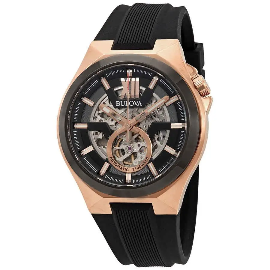 Bulova Classic Automatic Black Dial Black Silicone Men`s Watch 98A177 - Dial: Black, Band: Black, Bezel: Black