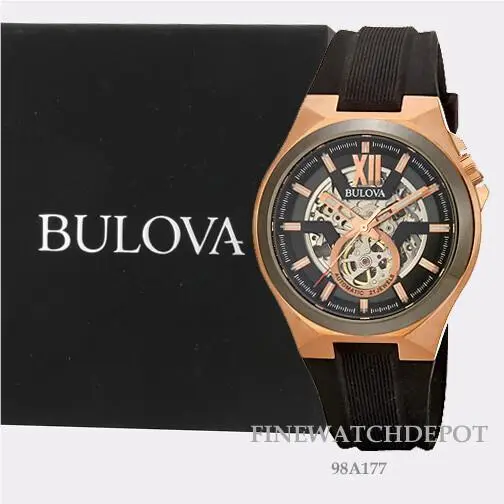 Bulova Men`s Classic Automatic Rose Tone Silicone Band Watch 98A177 - Dial: Black, Band: Black, Bezel: Black