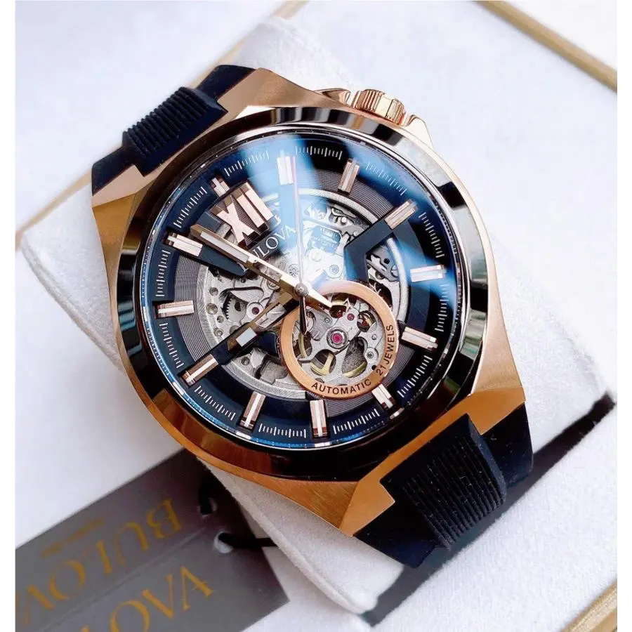 Maquina Automatic 98A177 Sapphire Rose Gold Black Dial Silicone Watch by Bulova