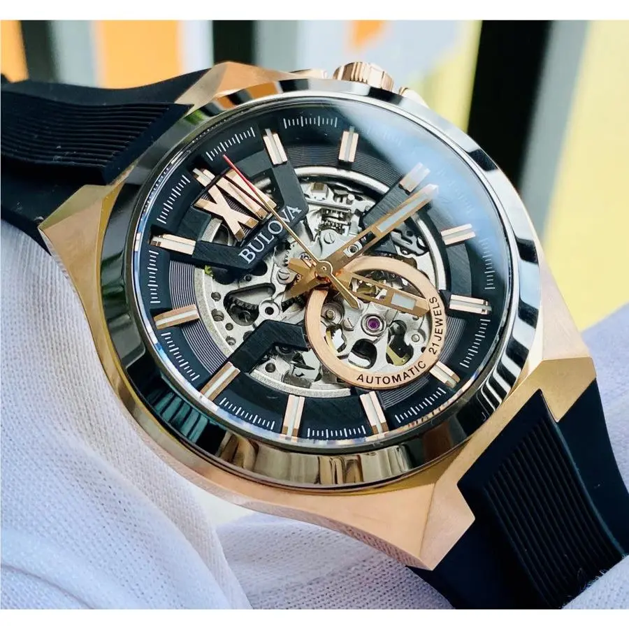 Bulova Maquina Automatic Sapphire Rose Gold Black Dial Silicone Watch 98A177