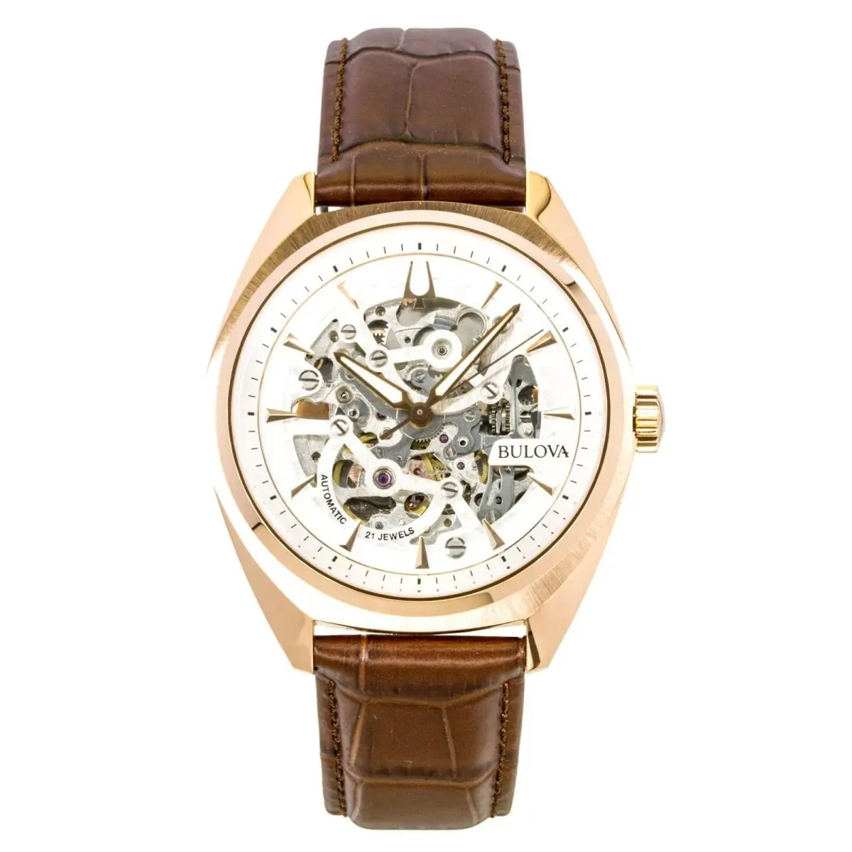Bulova Surveyor Leather Strap Silver Skeleton Dial Automatic 97A175 Men`s Watch