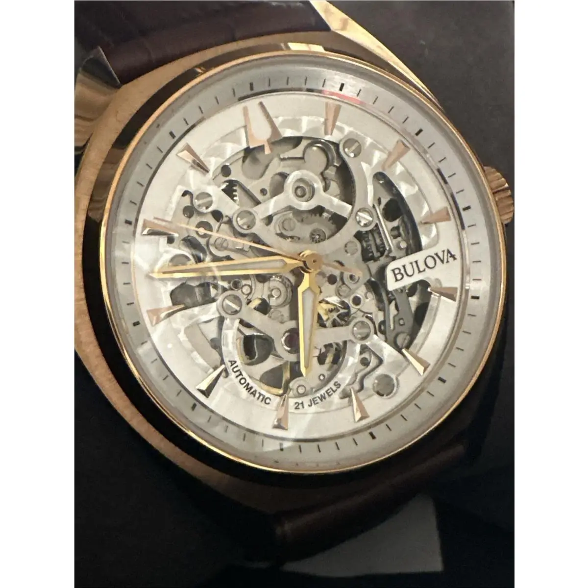 Bulova Men`s Classic Automatic Full Skeleton Brown Leather Watch 41 MM 97A175