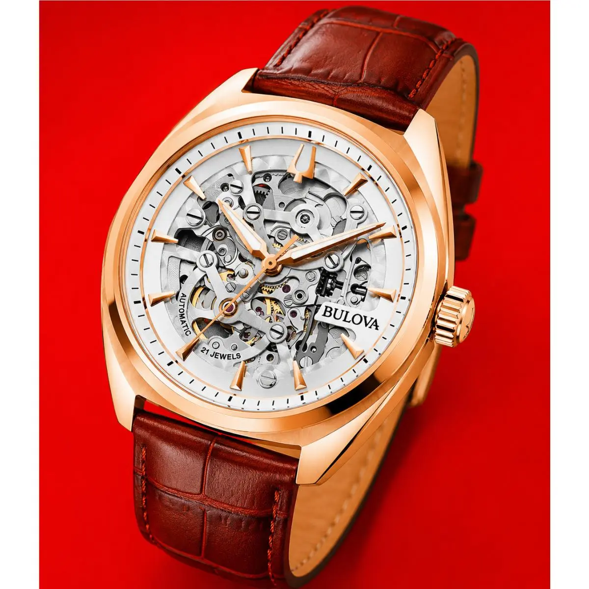 Bulova 97A175 Men`s Classic Automatic Full Skeleton Brown Leather Watch 41 MM - Dial: Clear, Band: Brown, Bezel: Rose Gold