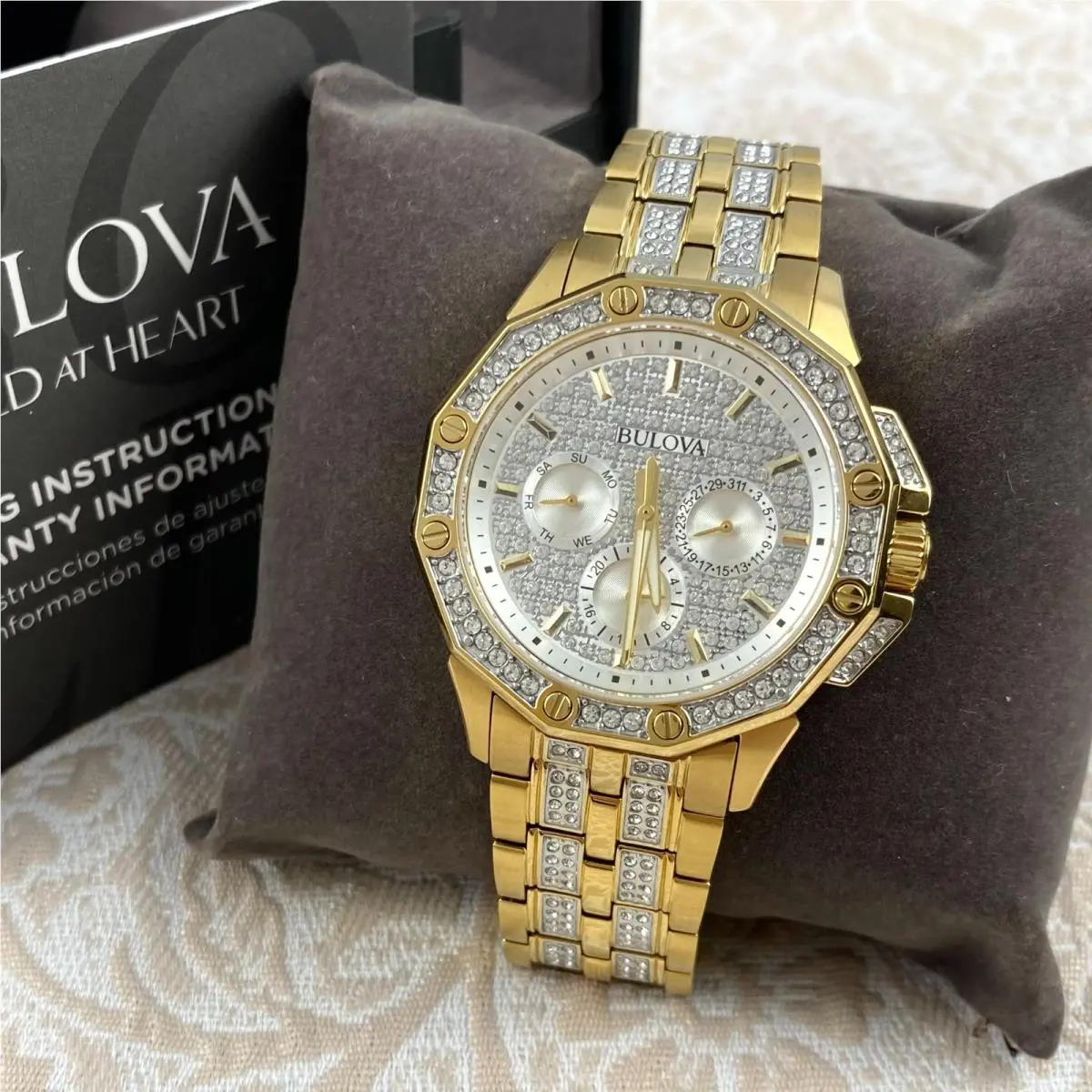 Bulova Octava Crystal Men`s Quartz Watch Silver Gold Dial Stainless Steel 98C126