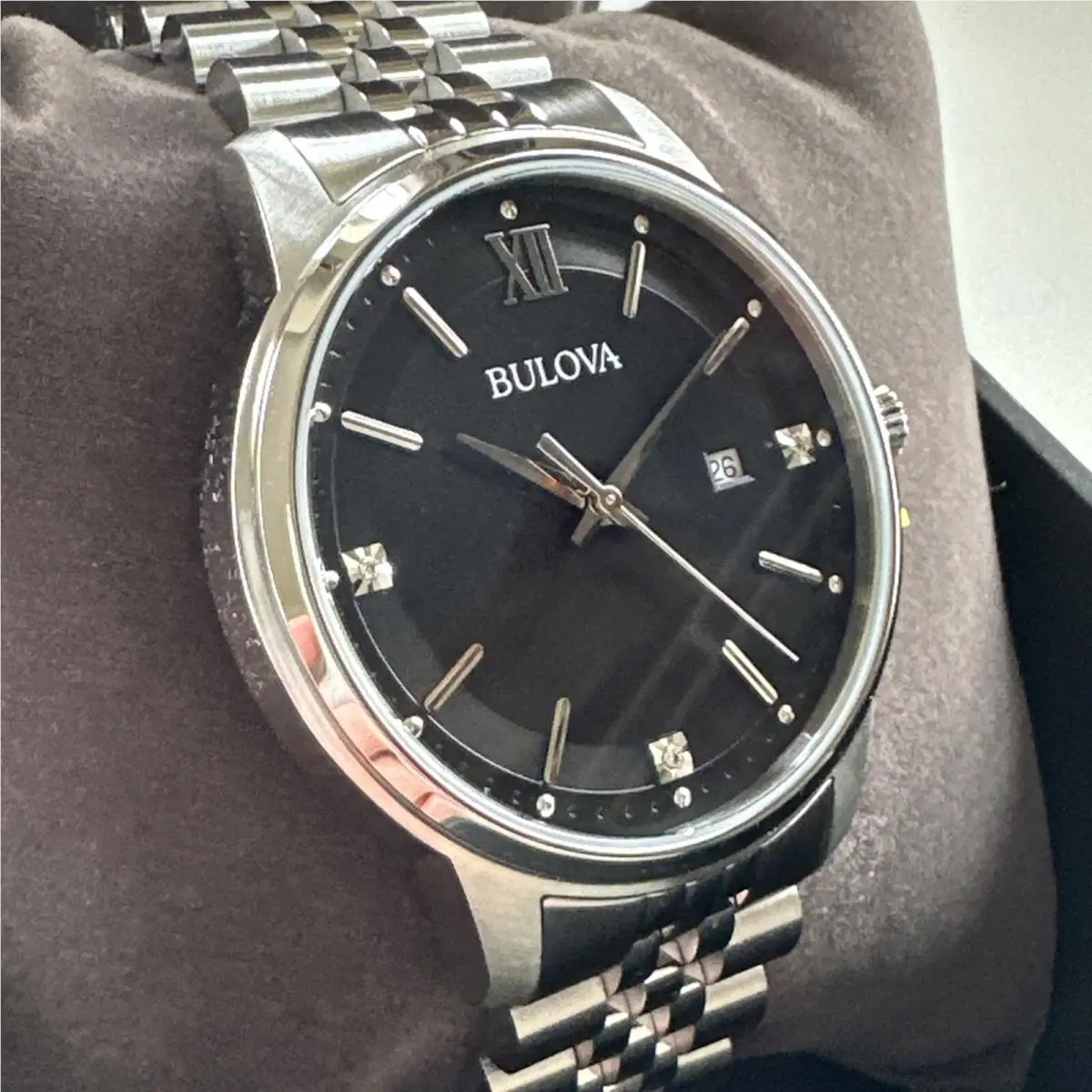 Bulova Men`s Quartz Silver Diamond Accent Marker Black Dial Watch 96D151
