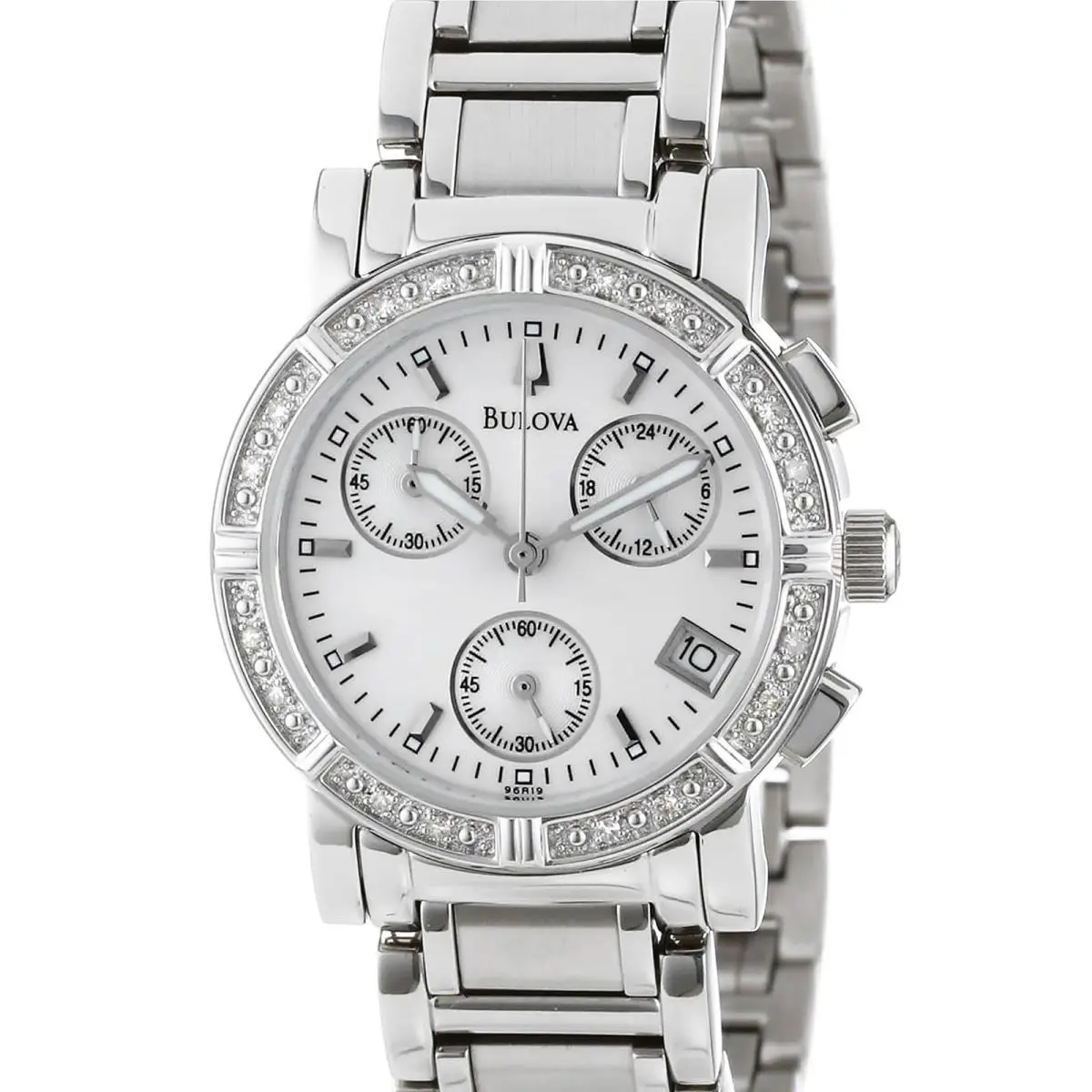Bulova Womens 16 Diamonds Watch Chronograph Dial Silver Stainless Steel Band