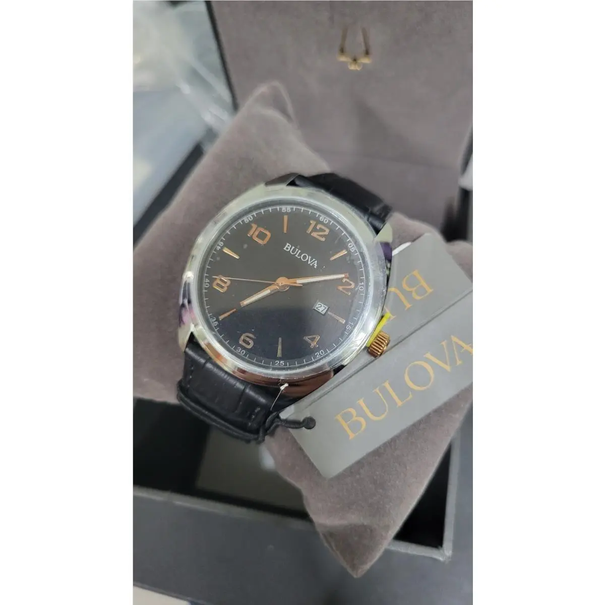 Bulova 98b367 Classic Black Dial Black Leather Strap Mens Watch