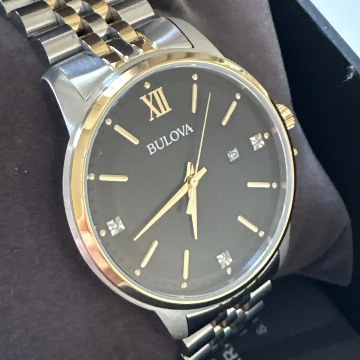 Bulova Mens Quartz Gold Tone Case Two Tone Black Dial with Diamonds Watch 98X125