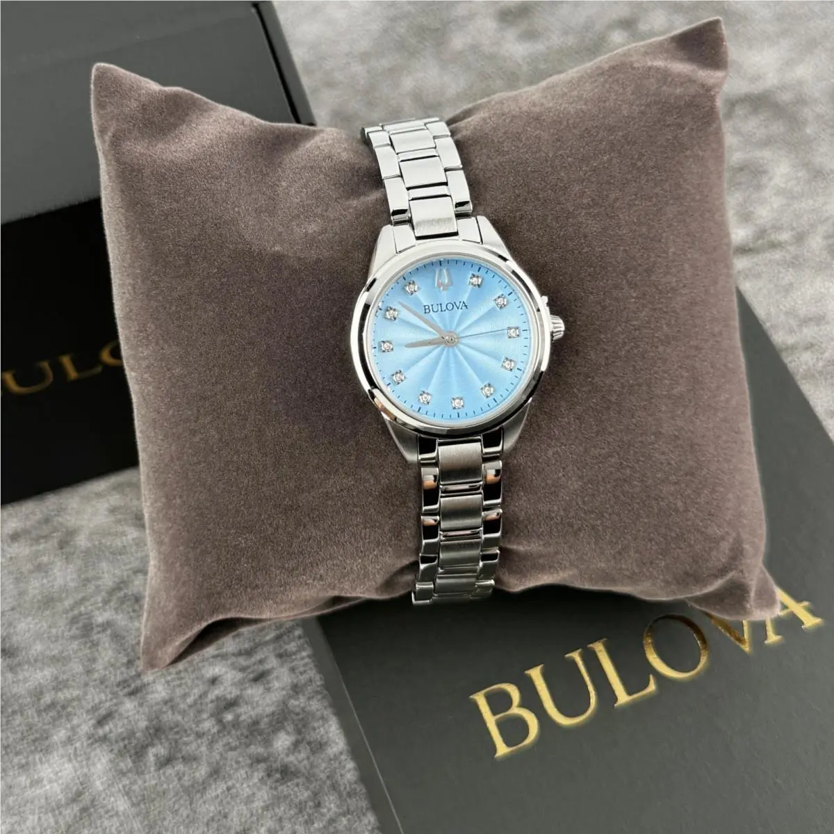 Bulova Women`s Classic Sutton Diamonds Pastel Blue Dial Silver Watch 96P250