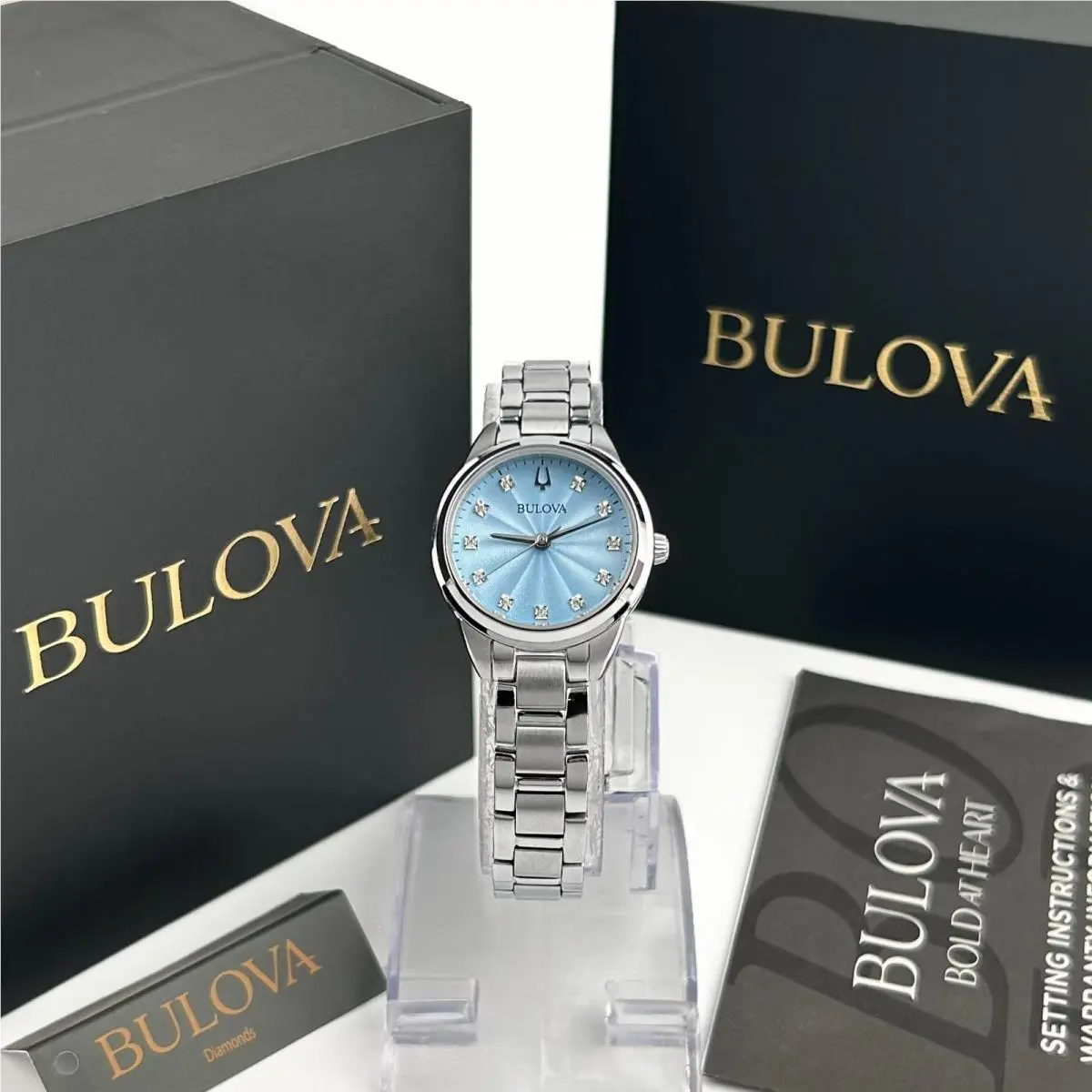 Bulova 96P250 Sutton Diamonds Blue Dial Silver-tone Women`s Watch 28mm