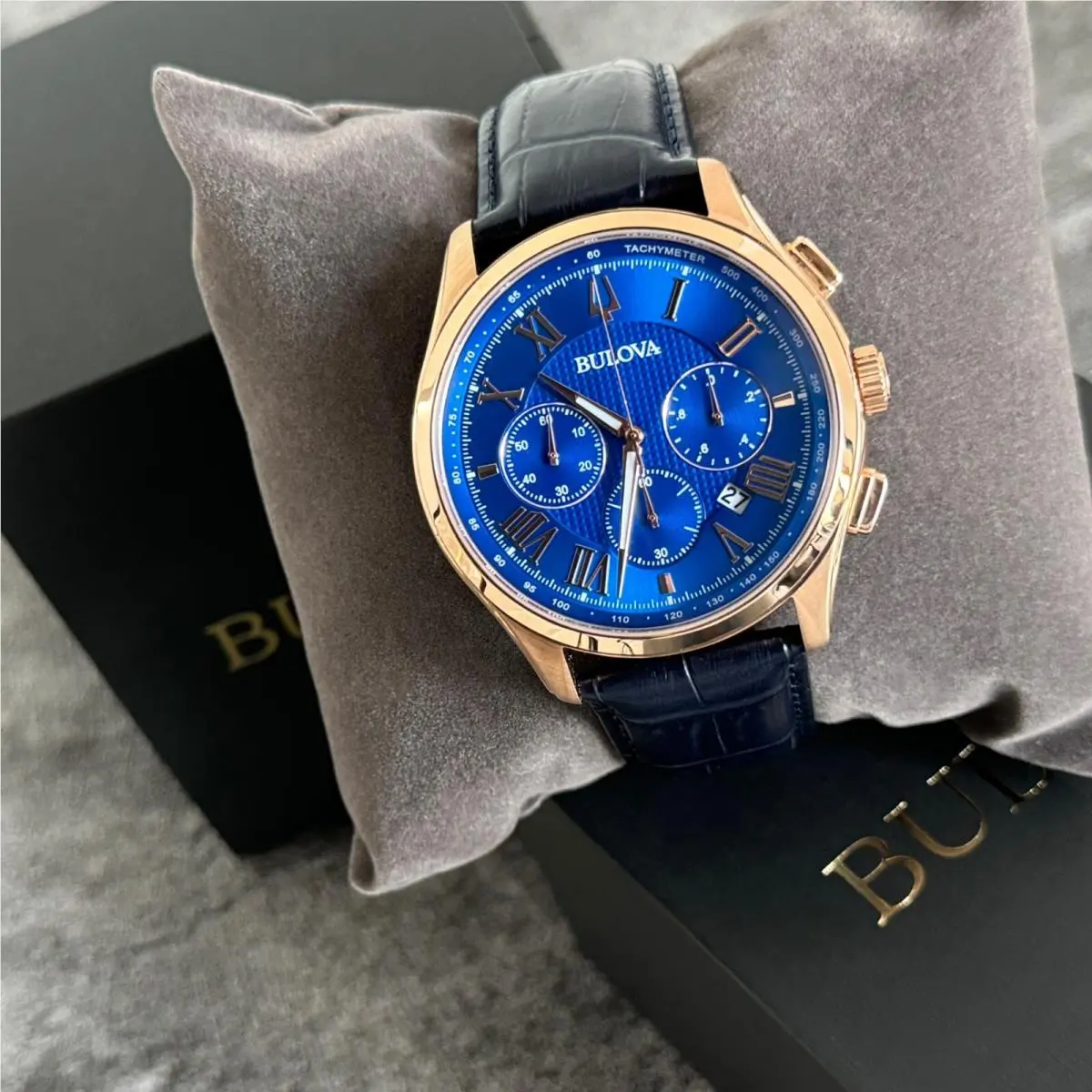 Bulova Men`s Wilton Classic Blue Textured Dial Chronograph Watch 97B170 - Dial: Blue, Band: Blue