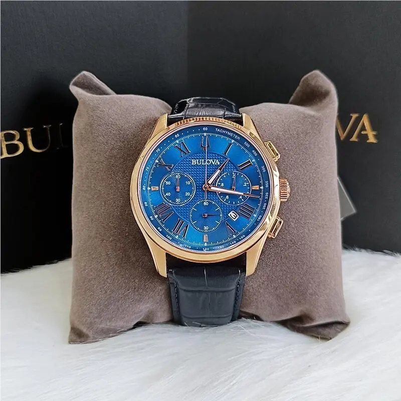 Men`s Bulova Wilton Blue Classic Chronograph 97B170 Quartz Leather Watch 46.5mm