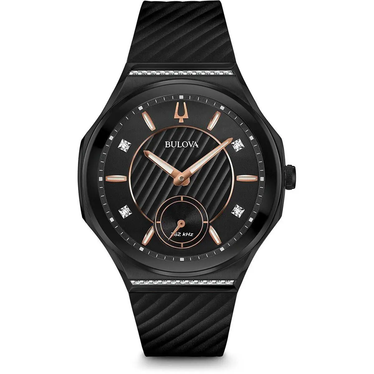 Bulova Curv Quartz Diamond Black Dial Ladies Watch 98R240 - Dial: Black, Band: Black