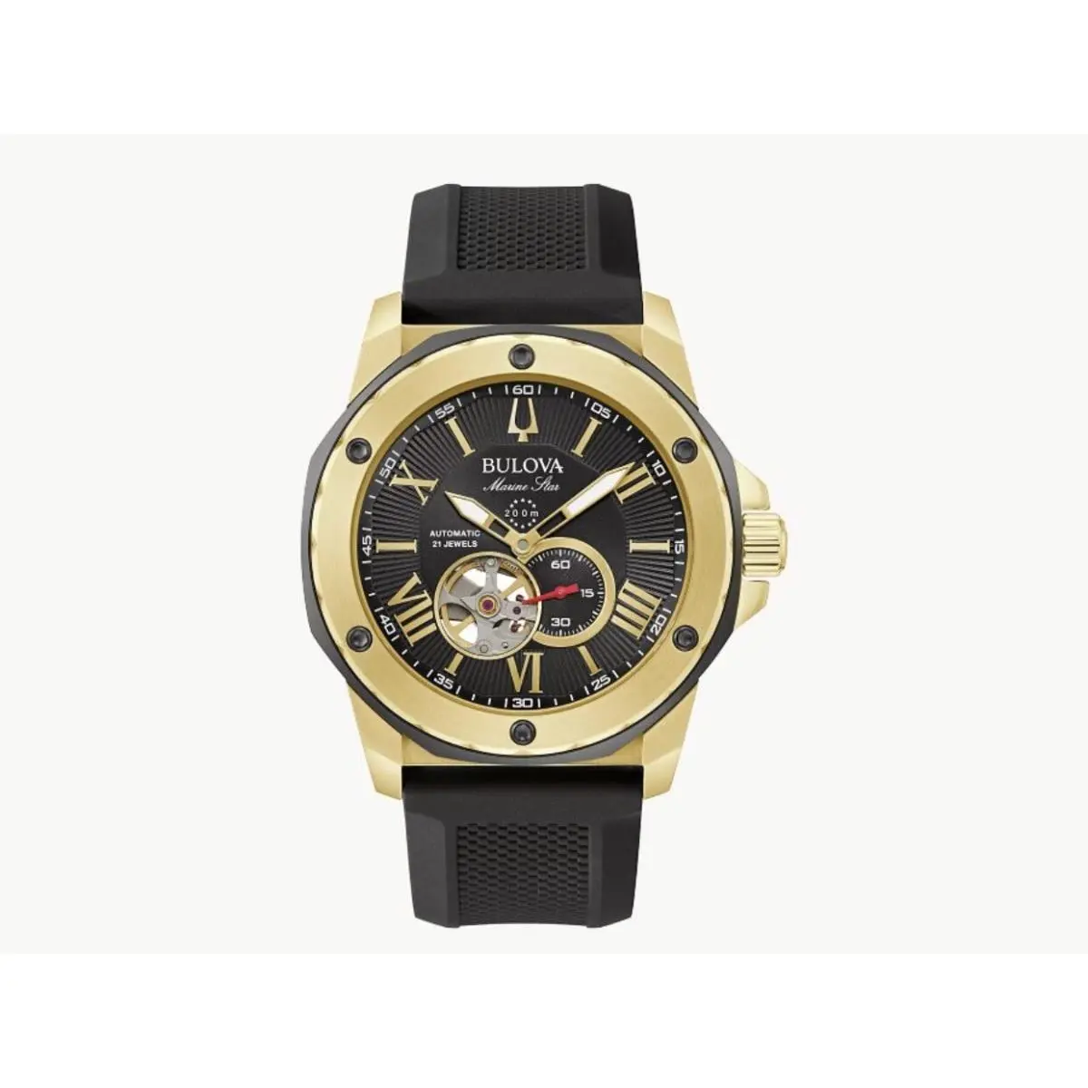 Bulova Marine Star Automatic Black Dial Men`s Watch 98A272 - Dial: Black, Band: Black, Bezel: Multicolor