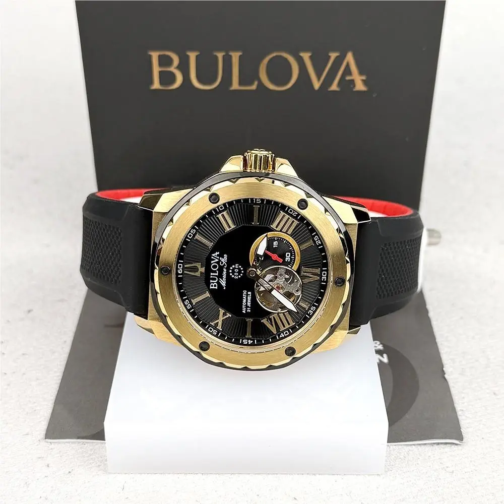Men`s Marine Star Black Gold Dial Rubber Strap Automatic Watch 98A272 by Bulova