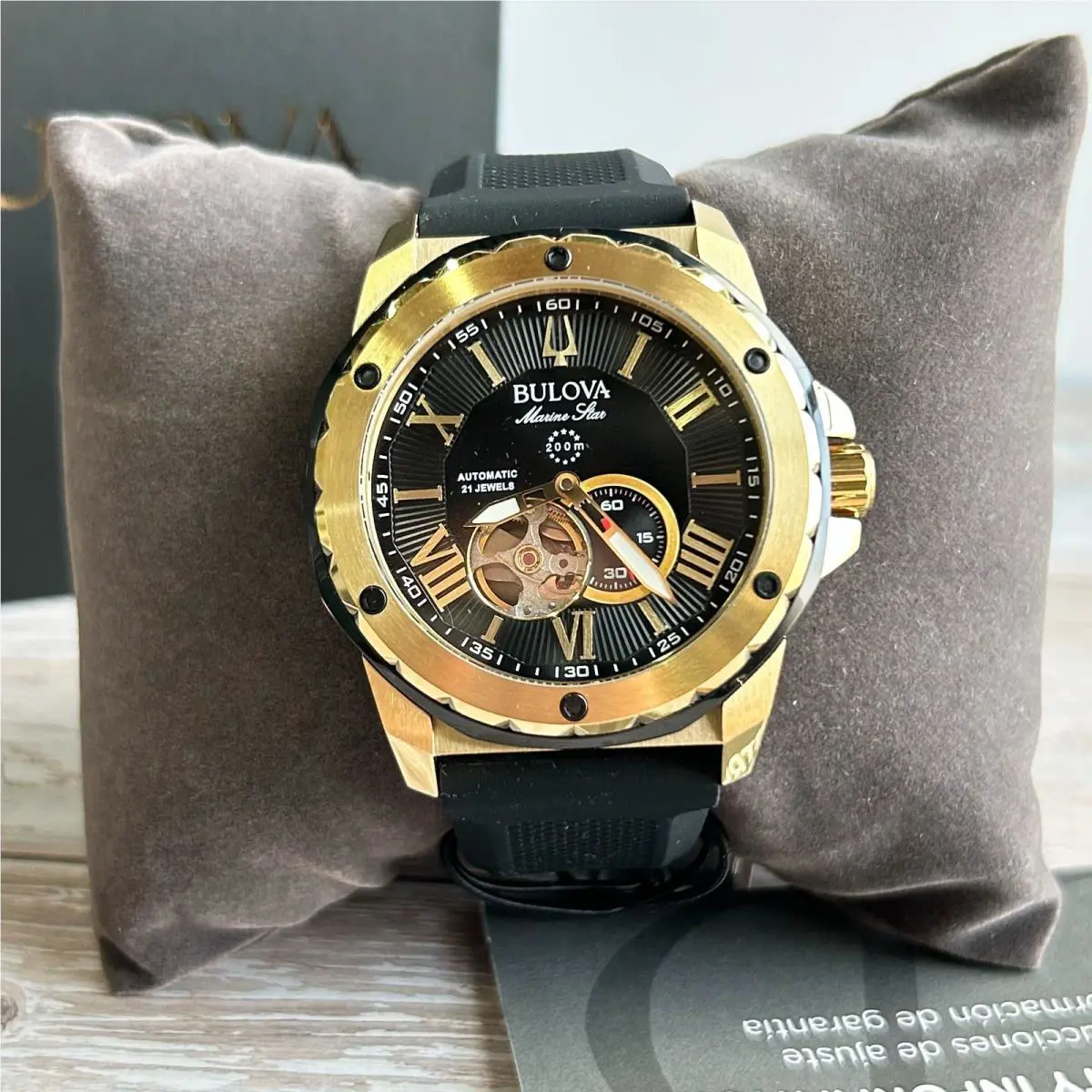 Bulova 98A272 Marine Star Black Dial Rubber Strap Men`s Automatic Watch 44.5MM