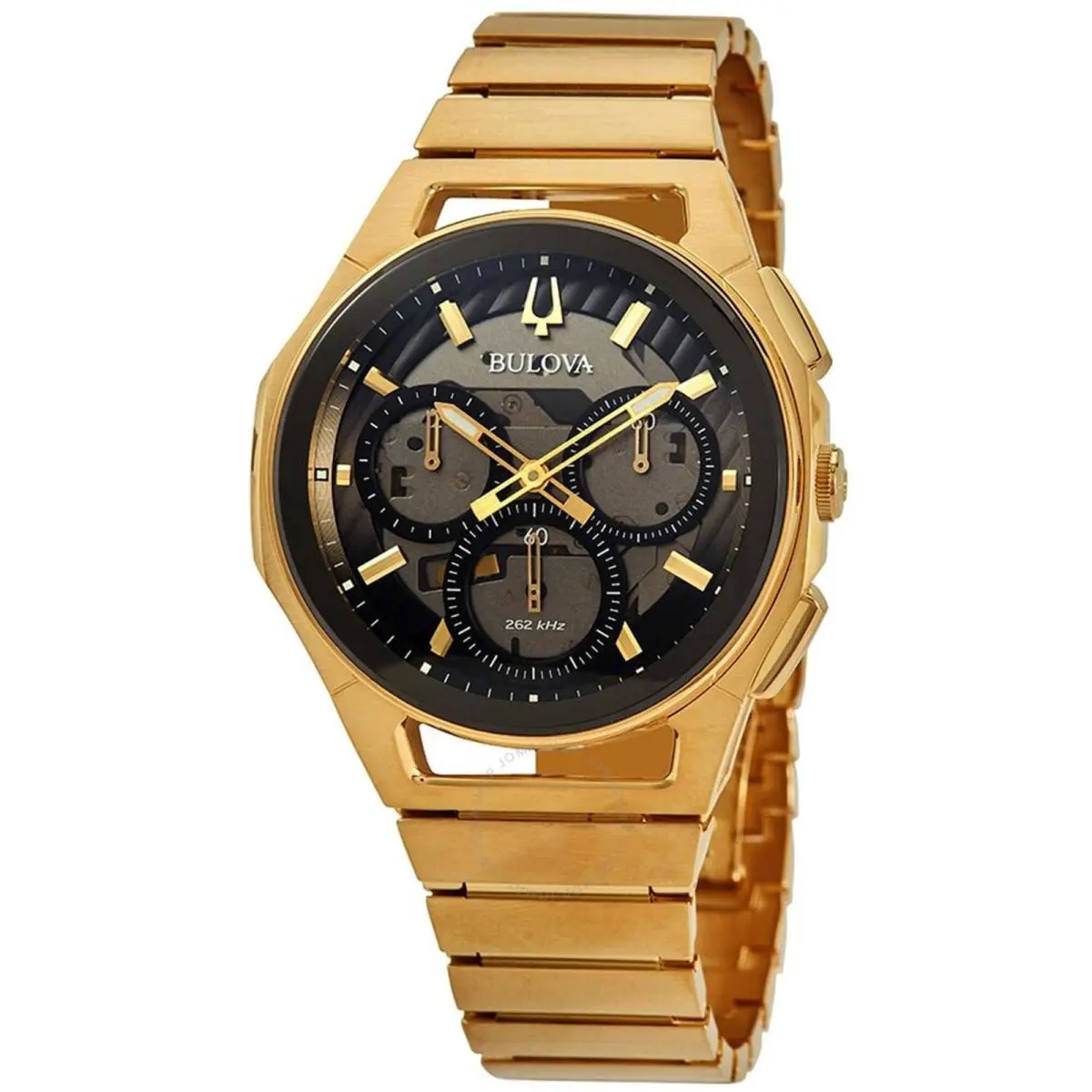 Bulova Men`s Watch Curv Quartz Chronograph Black Dial Yellow Gold Steel 97A144