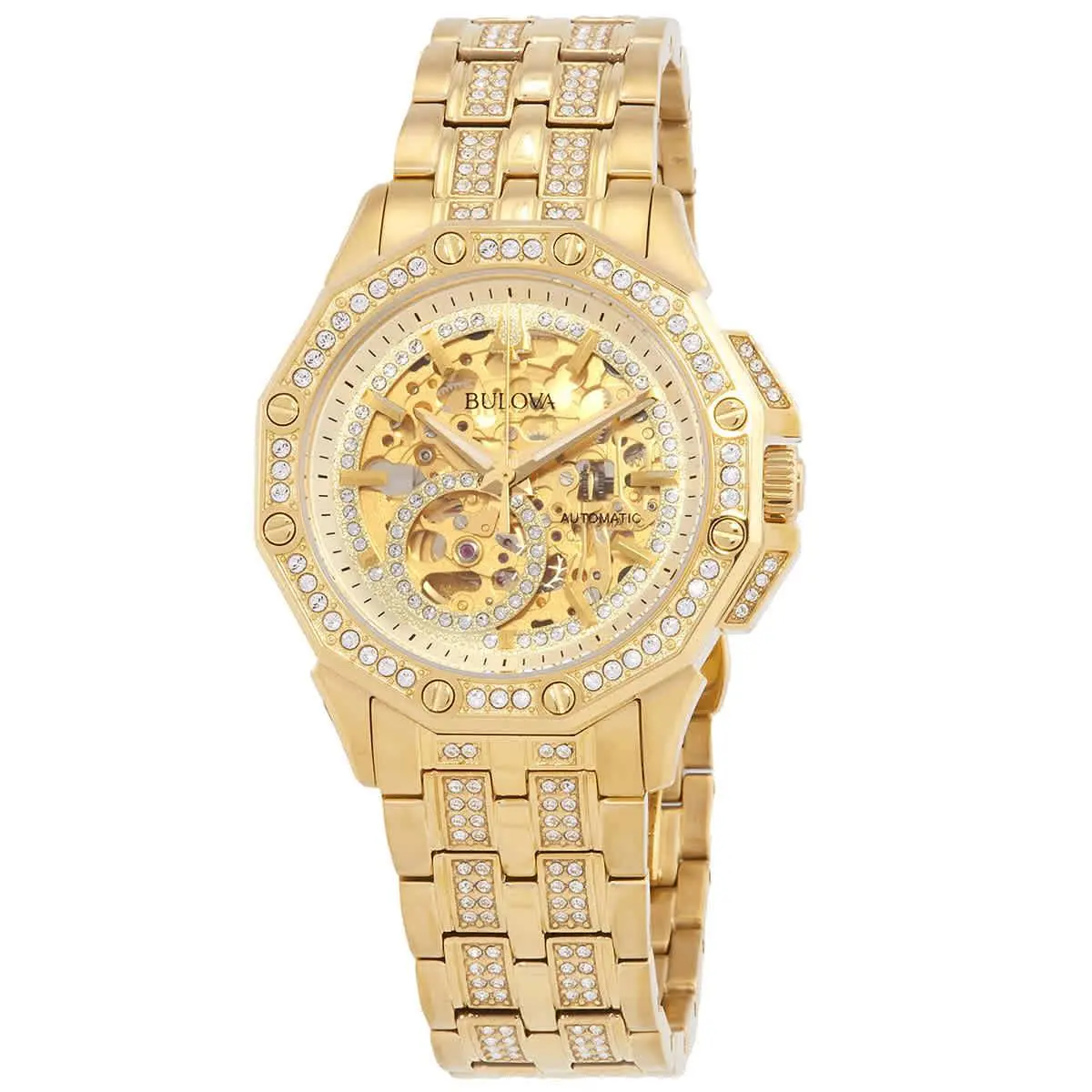 Octava Automatic Crystal Gold Skeleton Dial Men`s Watch 98A292 by Bulova