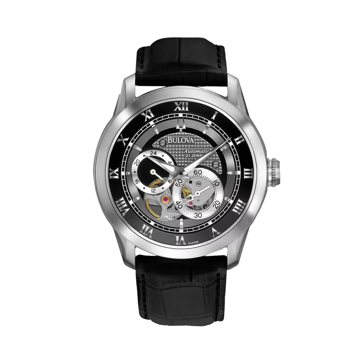 Bulova 96A135 Men`s Bva Series Leather Band Aperture Dial Automatic Watch - Dial: Black, Band: Black, Bezel: Silver