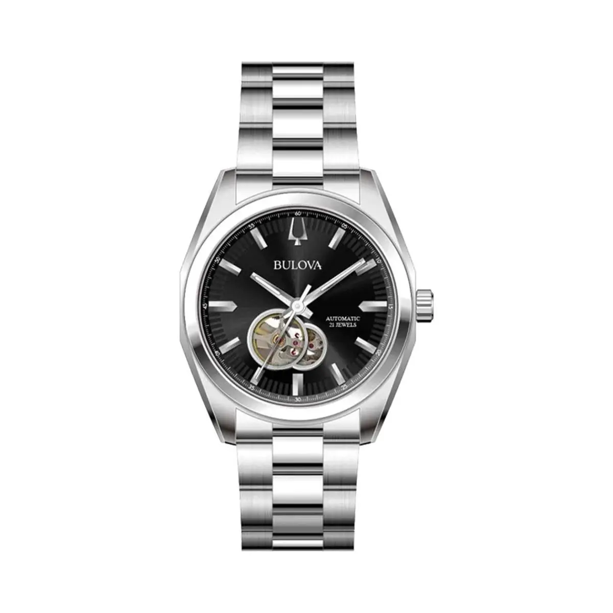 Bulova Surveyor Automatic Black Dial Open Heart Men`s Watch 96A270 - Dial: Black, Band: Silver