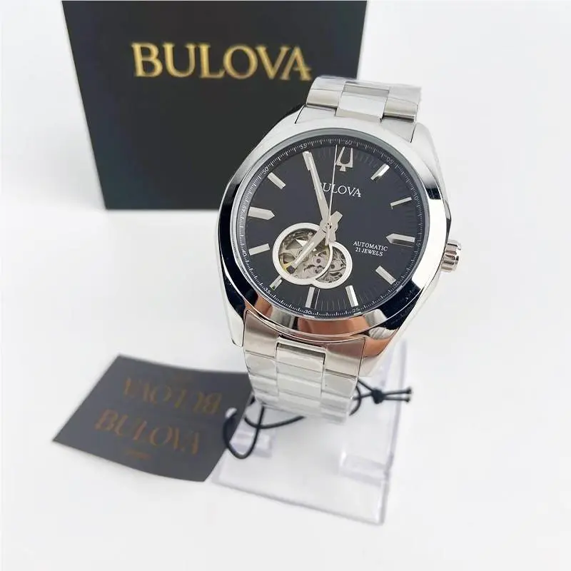 Bulova Surveyor Classic Automatic Black Steel Watch Men 96A270 Chronograph 42mm - Dial: Black, Band: Silver, Bezel: Silver