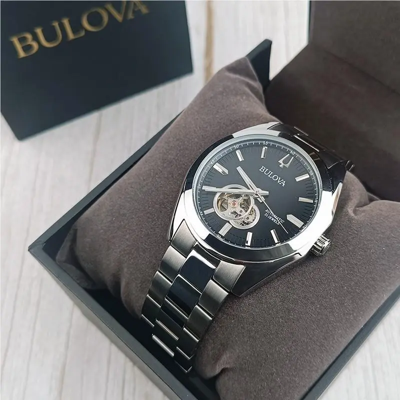 Bulova Surveyor Automatic Black Gold Dial Silver Steel Men Watch 42mm 96A270