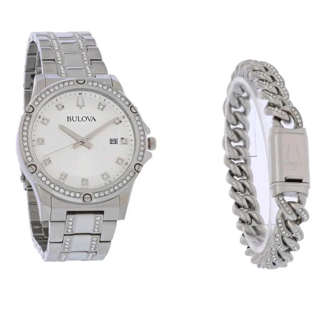 Bulova Men`s Crystal Stainless Steel Silver Dial Quartz Watch 96K114