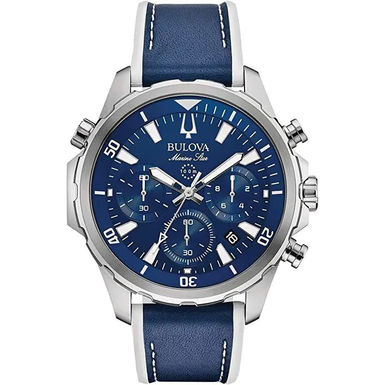 Bulova 96B287 Marine Star Blue Men`s Quartz Chronograph Watch 43mm Leather Strap