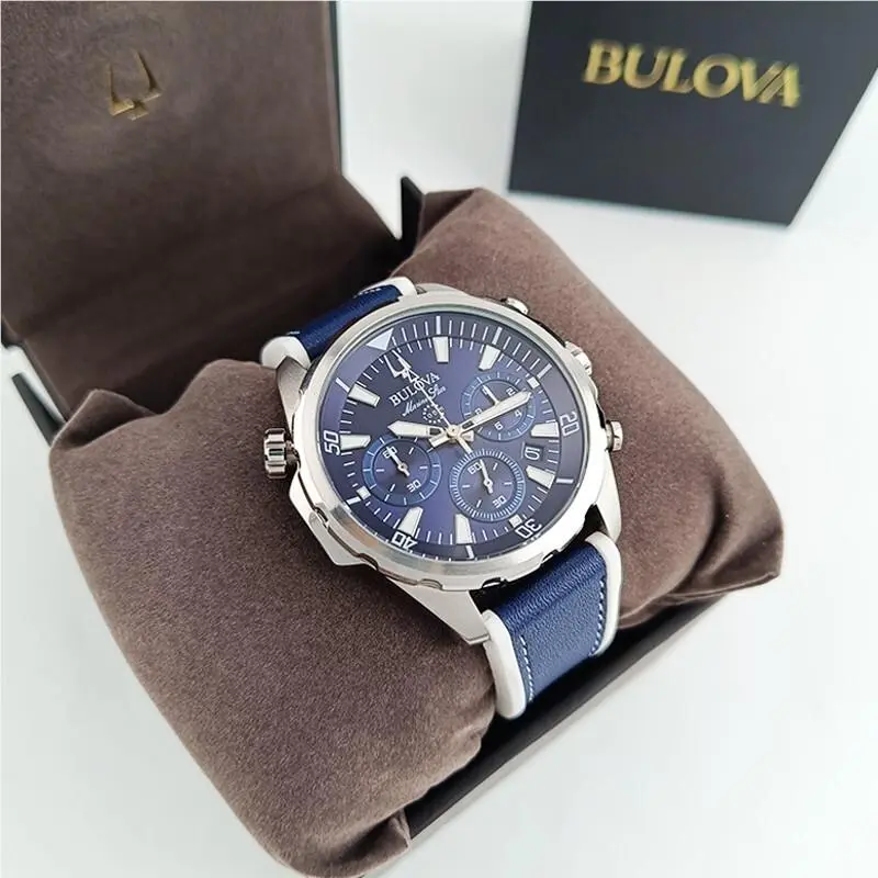 96B287 Marine Star Blue Men`s Quartz Chronograph Watch 43mm Leather Strap by Bulova
