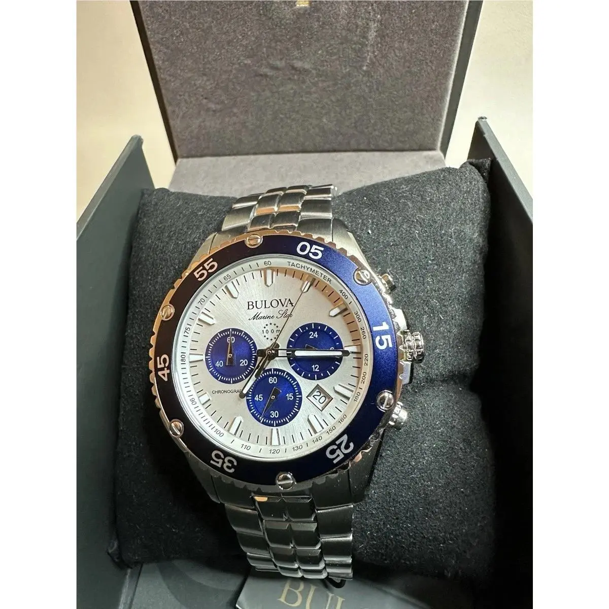 New- Bulova Marine Star Chronograph Stainless Steel Quartz Men`s Watch 98B423