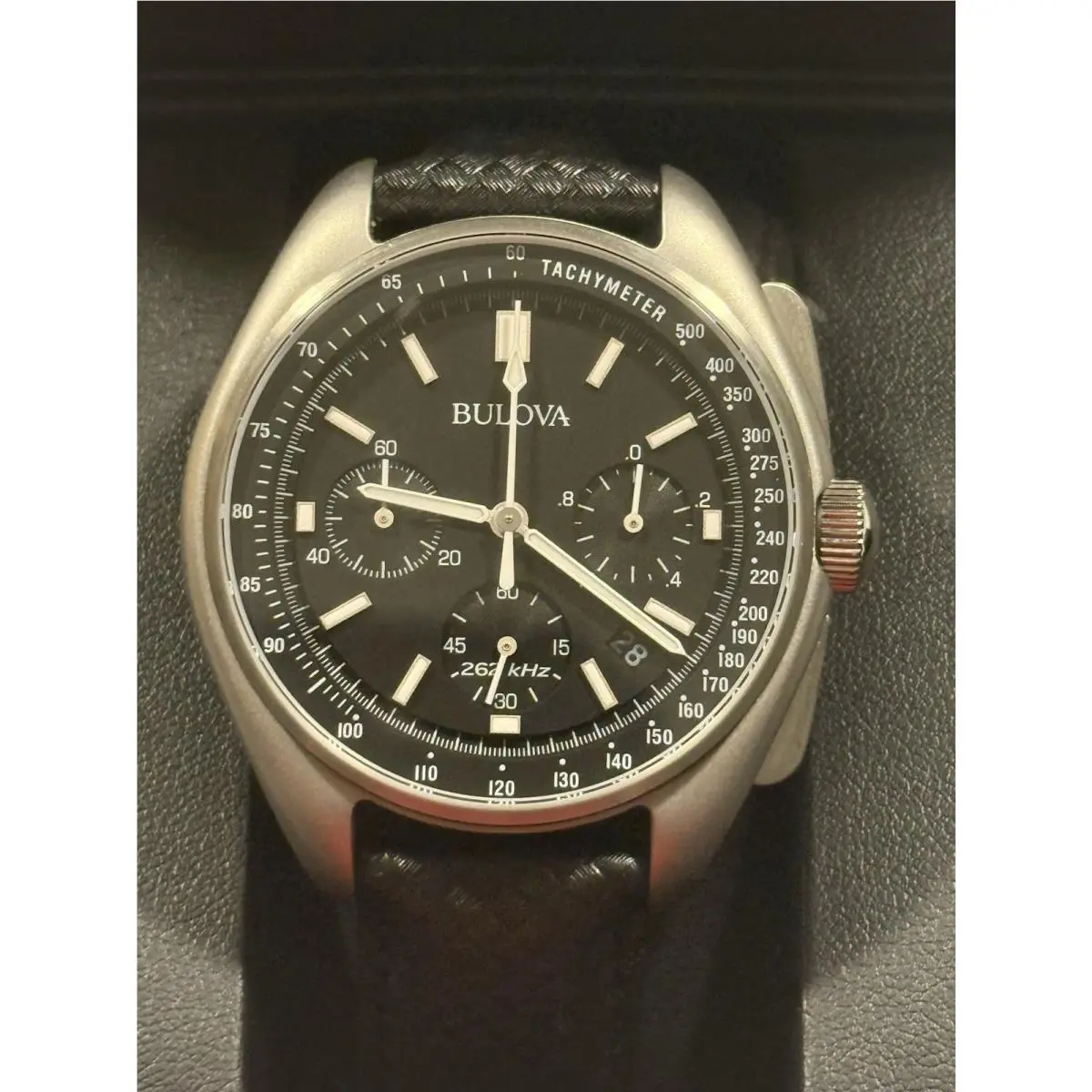 Bulova Lunar Pilot 45mm Stainless Steel with Black Leather Band and Black Dial - Dial: Black, Band: Black, Bezel: Silver
