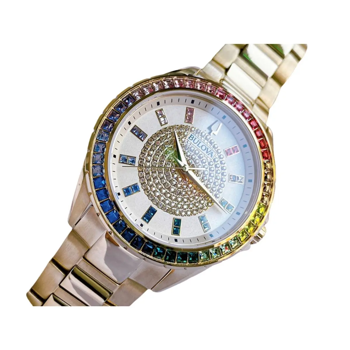 Bulova Phantom Rainbow Crystal 97A179 Gold Tone Men`s Watch - Dial: Champagne, Band: Gold, Bezel: Multicolor