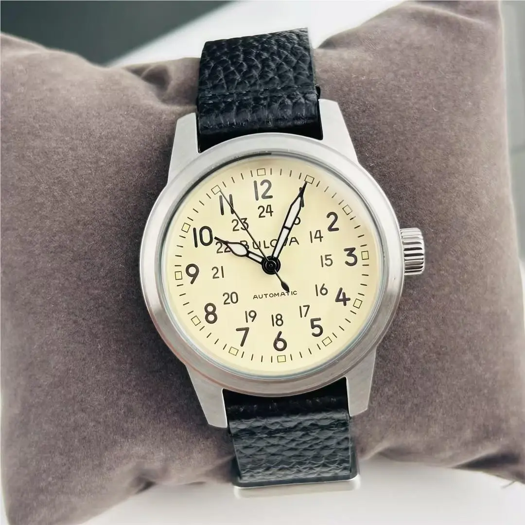 Bulova Men`s Hack 98A246 Ivory Dial Black Leather Strap Automatic Watch 38 mm