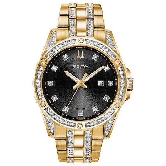 Bulova Men`s Crystal Quartz Gold Stainless Steel Calendar Watch 43 MM 98K107