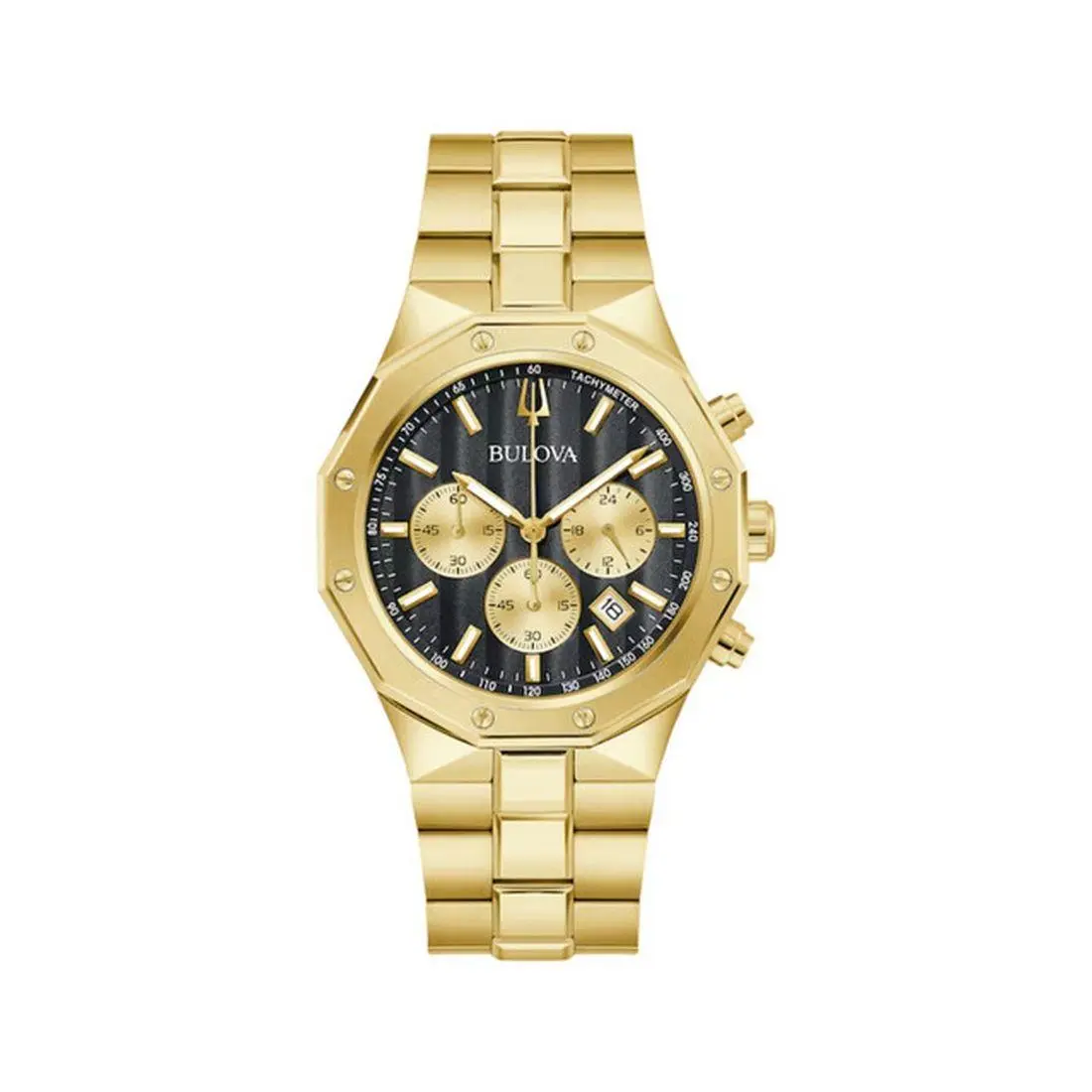 Bulova Prestige Classic Men`s Black Dial Gold Tone Quartz Watch 97B232 - Face: Black, Dial: Black, Band: Gold