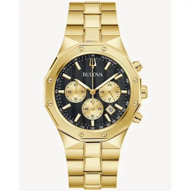 Bulova Prestige Quartz Black Dial Gold-tone Steel Men`s Watch 97B232